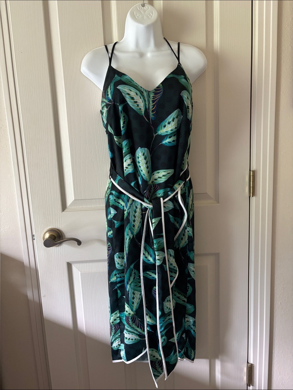 Madelyn Rae lined faux wrap dress, spaghetti straps, grew leaf print